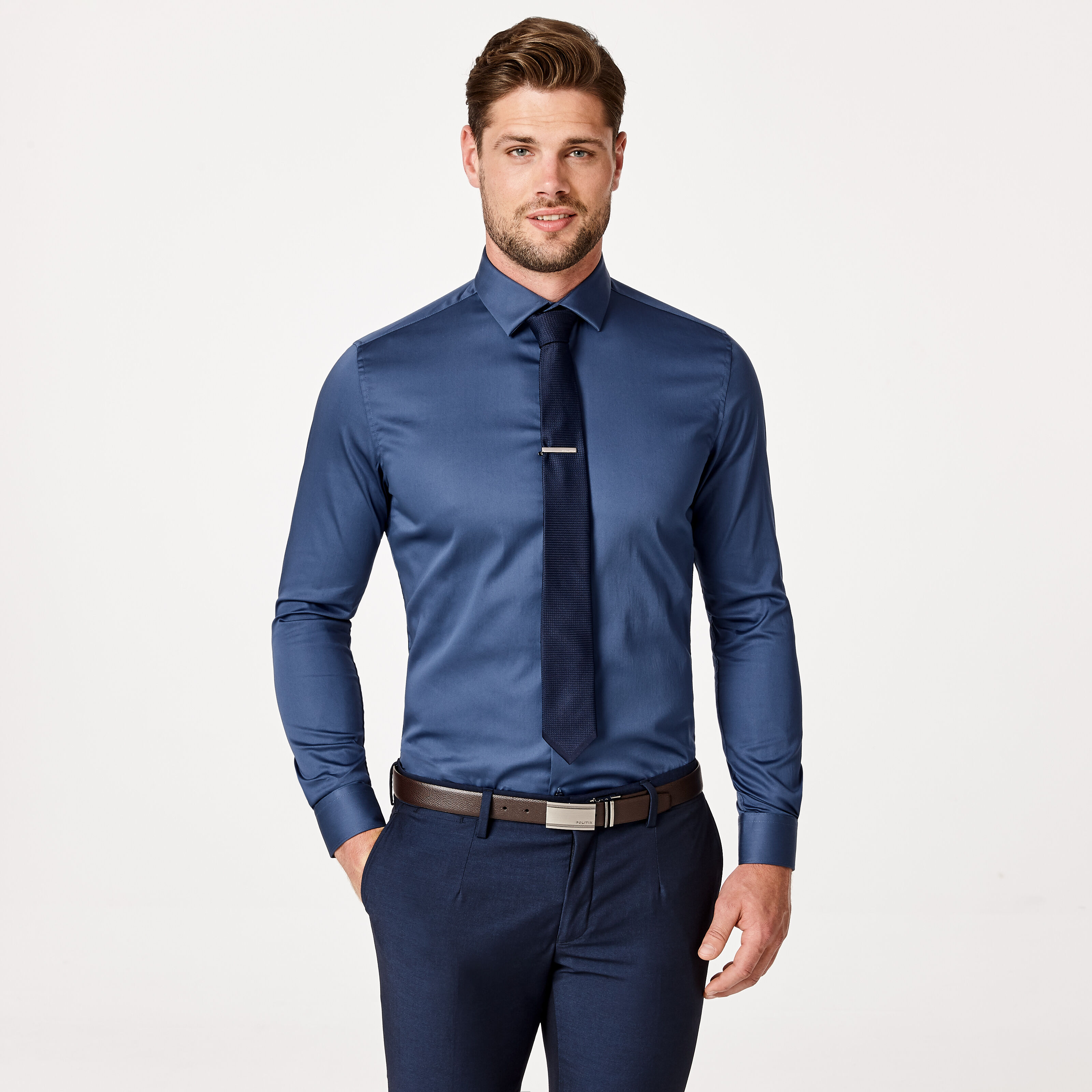 Edisson Smoke Blue Ls Dress Shirt High Shine Stretch Shirts